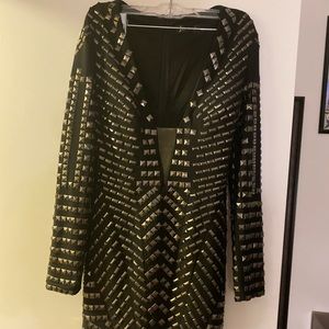 Black long sleeve beaded cocktail dress.